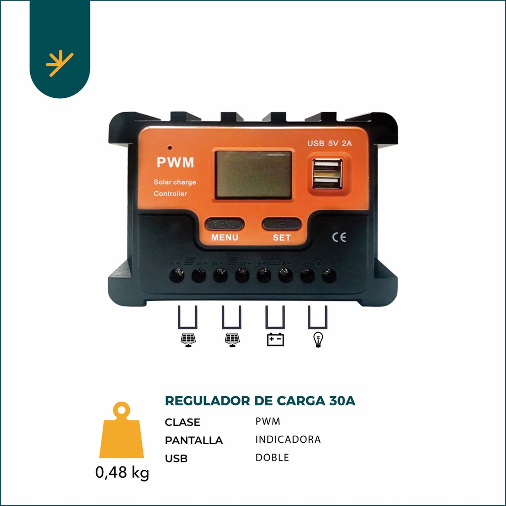 Regulador De Carga Paneles Solares 30a Pwm Display 12v 24v